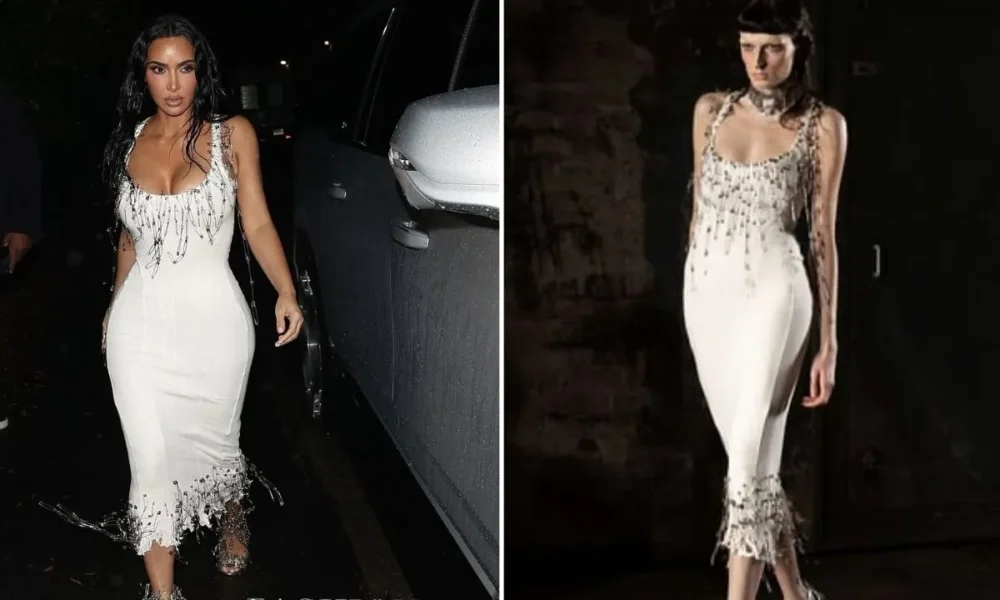 Kim Kardashian Wears White Dilara Findikoglu Gown With Safety-Pin Fringe to Petra Collins’ Plaza on La Brea Party