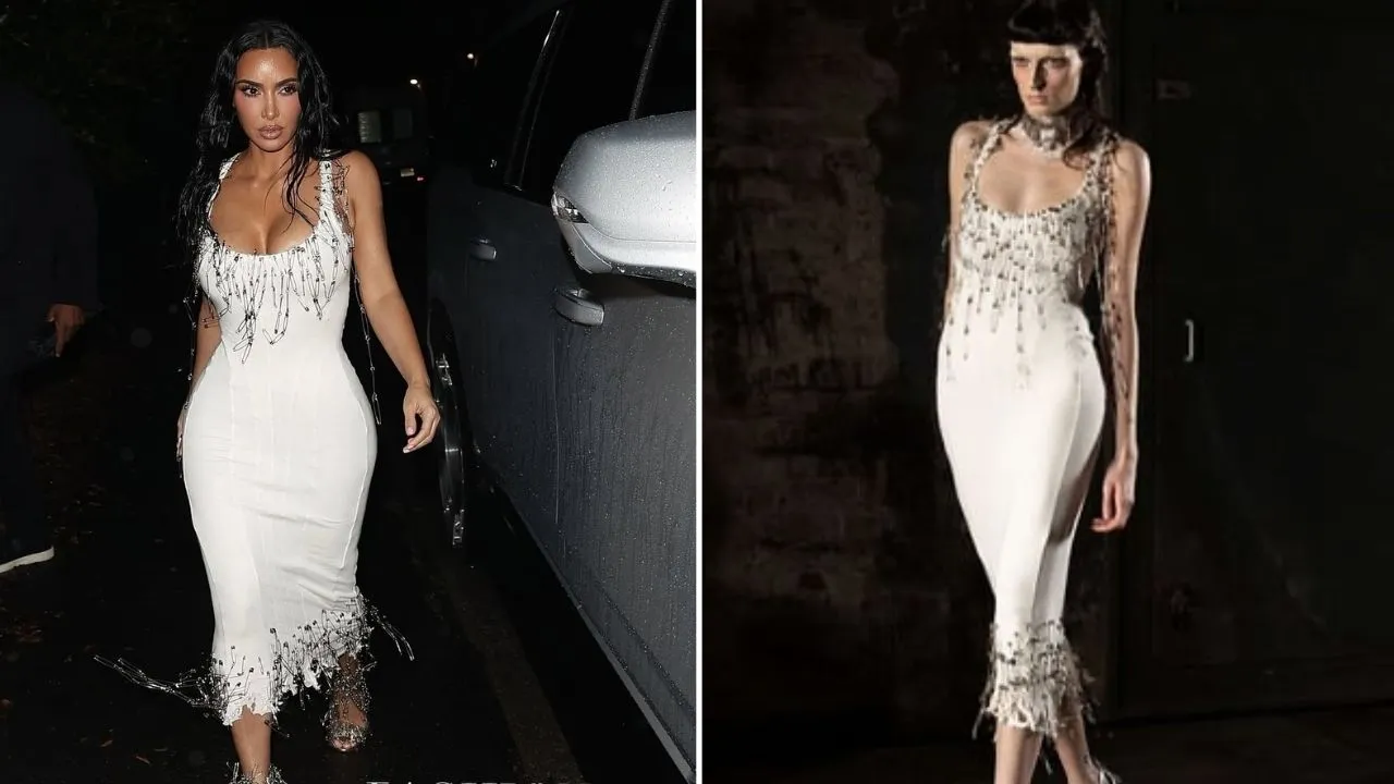 Kim Kardashian Wears White Dilara Findikoglu Gown With Safety-Pin Fringe to Petra Collins’ Plaza on La Brea Party