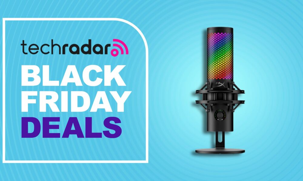 HyperX QuadCast 2 S microphone against a cyan TechRadar deals background