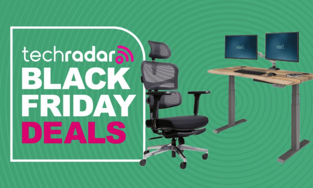 A Vari office chair and standing desk on a green background next to a TechRadar badge reading &#039;Black Friday deals&#039;