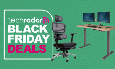 A Vari office chair and standing desk on a green background next to a TechRadar badge reading &#039;Black Friday deals&#039;