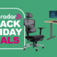 A Vari office chair and standing desk on a green background next to a TechRadar badge reading &#039;Black Friday deals&#039;