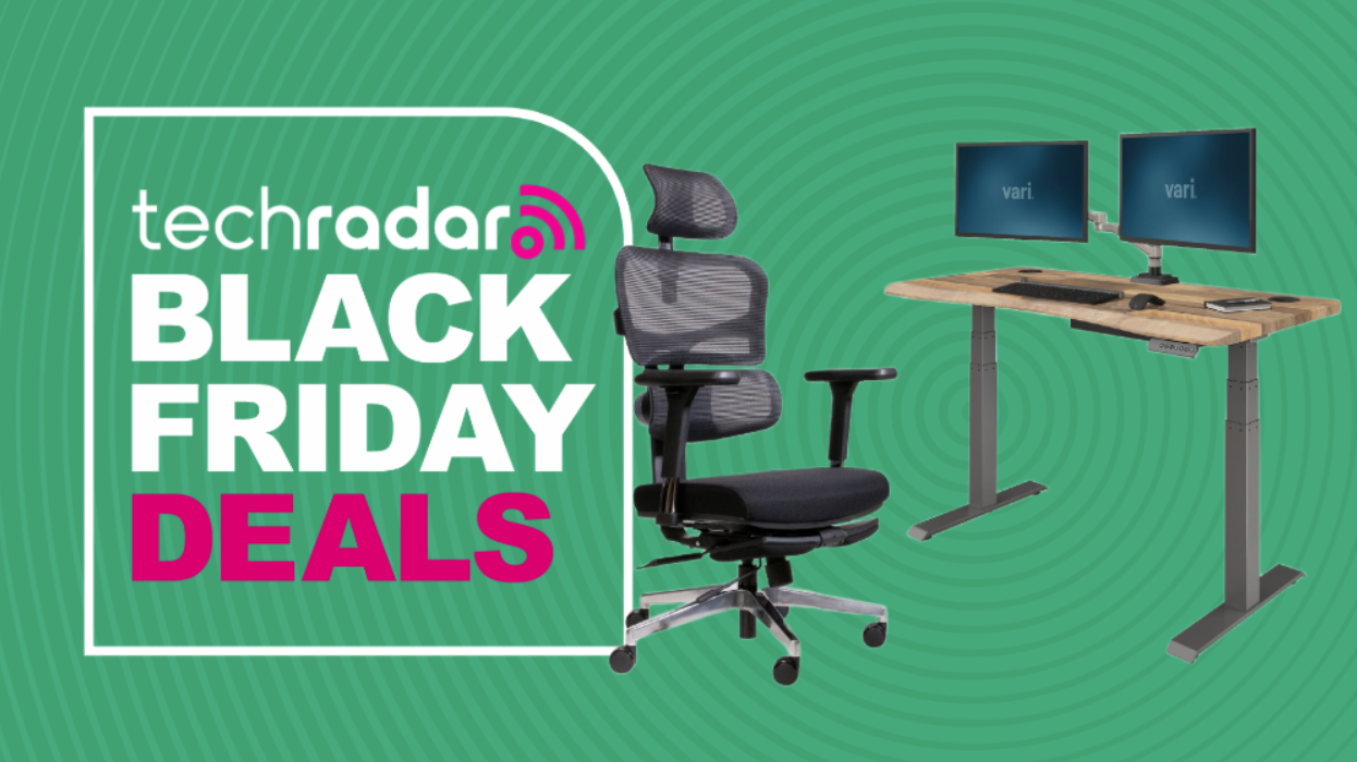 A Vari office chair and standing desk on a green background next to a TechRadar badge reading &#039;Black Friday deals&#039;