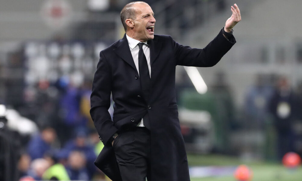 MILAN, ITALY - NOVEMBER 23: AC Milan coach Massimiliano Allegri reacts during the Serie A match between FC Internazionale and AC Milan at Giuseppe Meazza Stadium on November 23, 2025 in Milan, Italy. (Photo by Marco Luzzani/Getty Images)