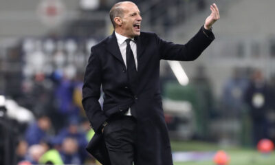 MILAN, ITALY - NOVEMBER 23: AC Milan coach Massimiliano Allegri reacts during the Serie A match between FC Internazionale and AC Milan at Giuseppe Meazza Stadium on November 23, 2025 in Milan, Italy. (Photo by Marco Luzzani/Getty Images)