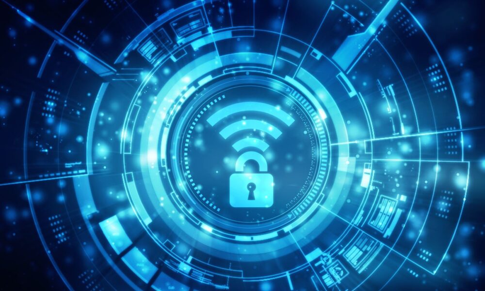 A stylized depiction of a padlocked WiFi symbol sitting in the centre of an interlocking vault.