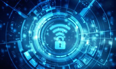 A stylized depiction of a padlocked WiFi symbol sitting in the centre of an interlocking vault.