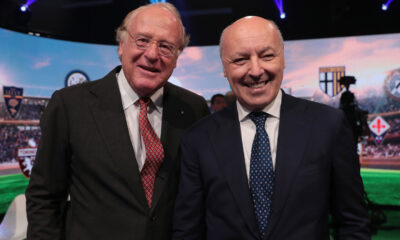 MILAN, ITALY - JULY 29: AC Milan President Paolo Scaroni (L) poses with FC Internazionale CEO Giuseppe Marotta during the Serie A 2019/2020 fixture unveiling on July 29, 2019 in Milan, Italy. (Photo by Emilio Andreoli/Getty Images for Lega Serie A)