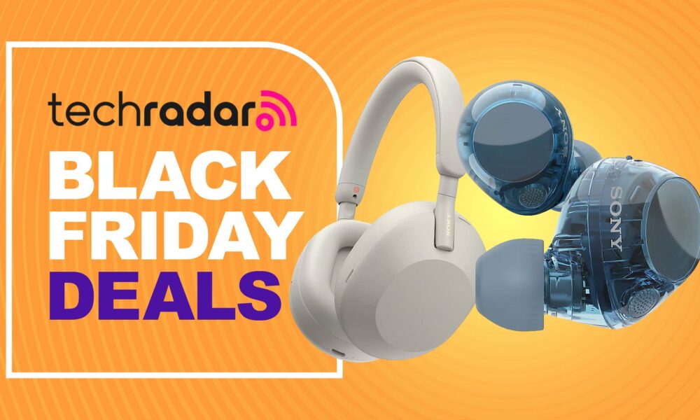 Sony headphones and earbuds with a sign saying &#039;Black Friday Deals&#039;