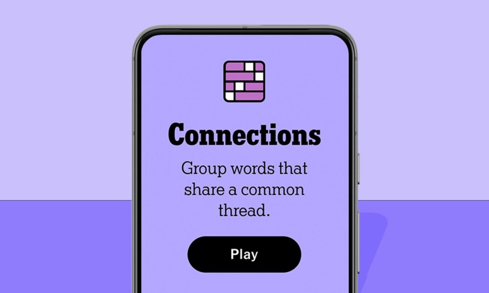 NYT Connections homescreen on a phone, on a purple background
