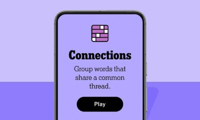 NYT Connections homescreen on a phone, on a purple background