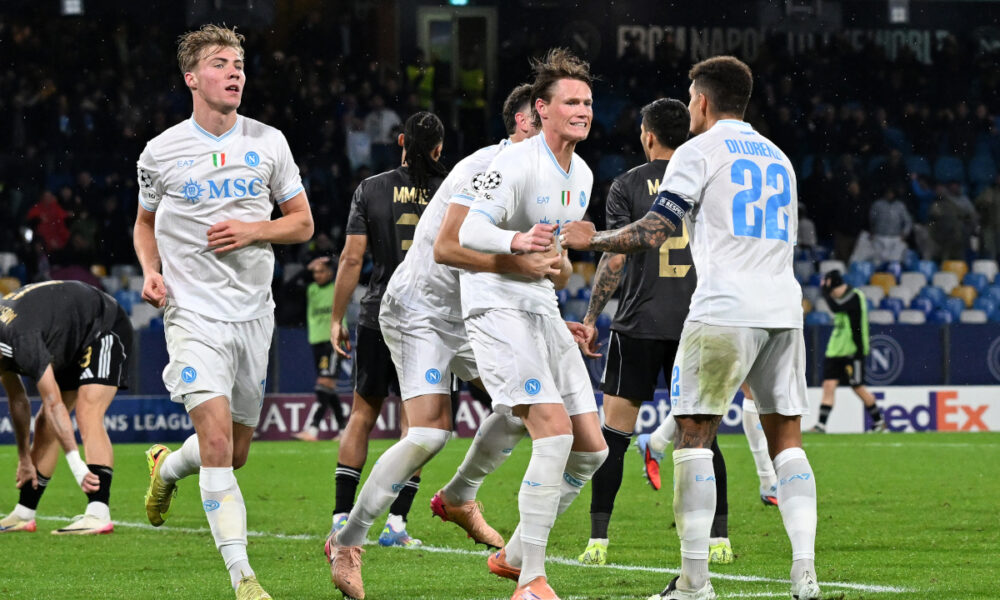 NAPLES, ITALY - NOVEMBER 25: Scott McTominay of SSC Napoli celebrates after scoring his side first goal during the UEFA Champions League 2025/26 League Phase MD5 match between SSC Napoli and Qarabag FK at Stadio Diego Armando Maradona on November 25, 2025 in Naples, Italy. (Photo by Francesco Pecoraro/Getty Images)