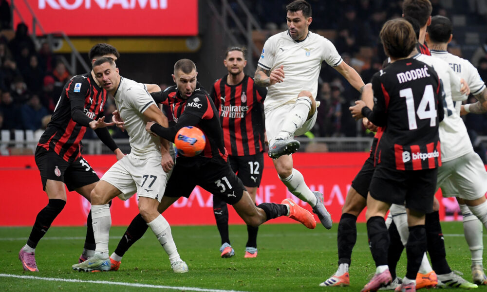 MILAN, ITALY - NOVEMBER 29: Alessio Romagnoli of SS Lazio shoots during the Serie A match between AC Milan and SS Lazio at Giuseppe Meazza Stadium on November 29, 2025 in Milan, Italy. (Photo by Marco Rosi - SS Lazio/Getty Images)