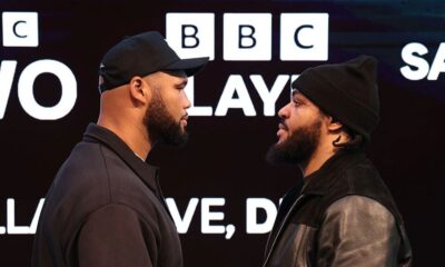 Frazer Clarke and Jeamie TKV square up with each other ahead of their fight for the British heavyweight title.