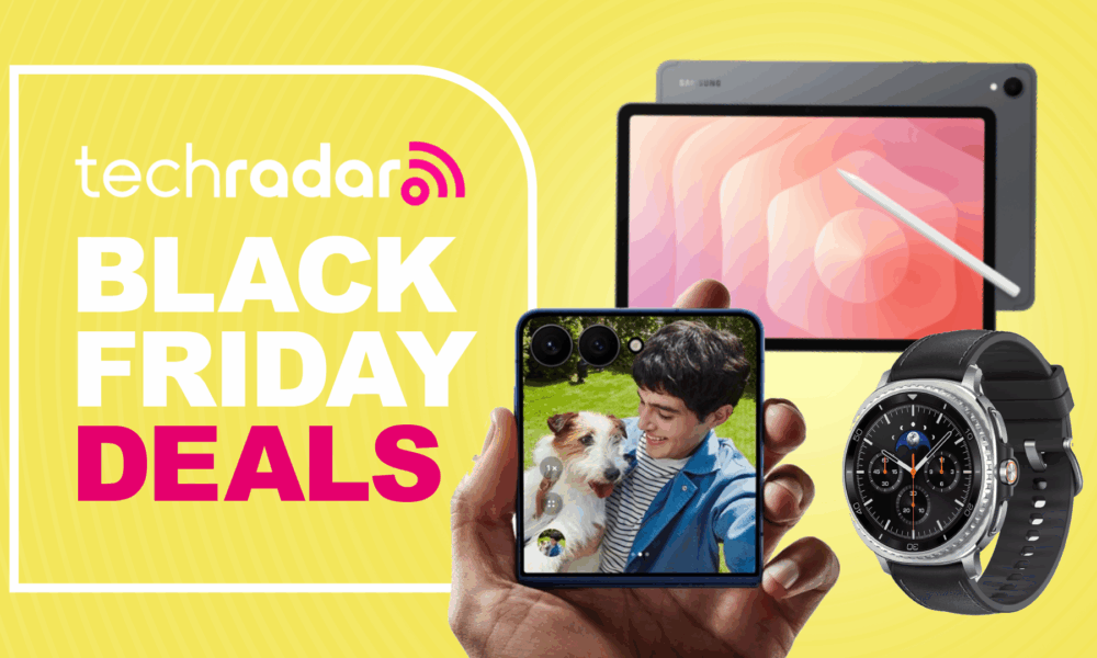 A Z Flip 7, Galaxy Watch8 Classic, and Galaxy Tab next to a Black Friday deals sign.