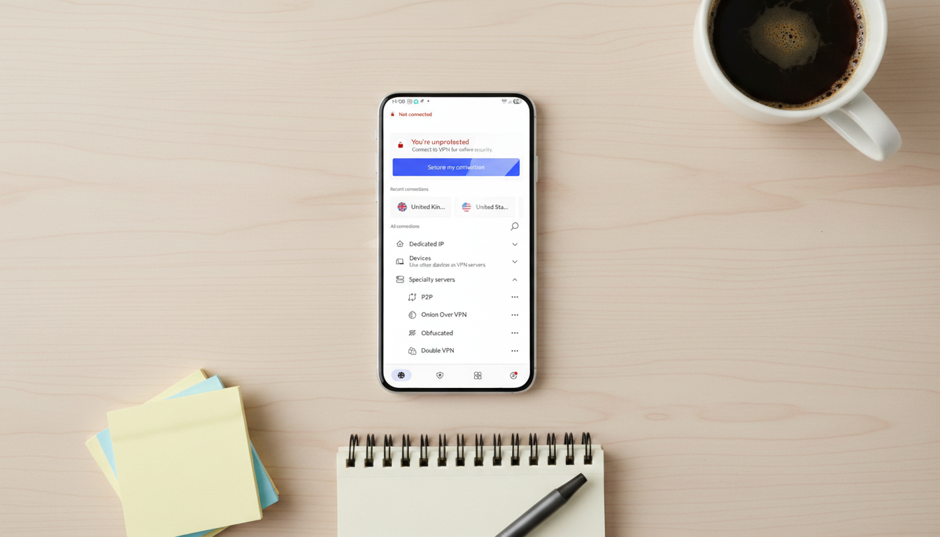NordVPN server types displaying on phone on desk