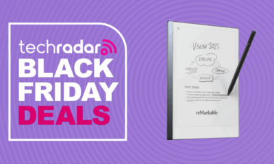 A reMarkable 2 and Marker Plus pen on a purple background next to a TechRadar badge reading &#039;Black Friday deals&#039;