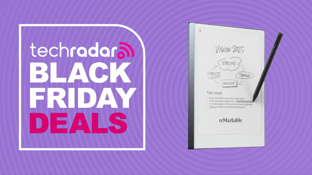A reMarkable 2 and Marker Plus pen on a purple background next to a TechRadar badge reading &#039;Black Friday deals&#039;