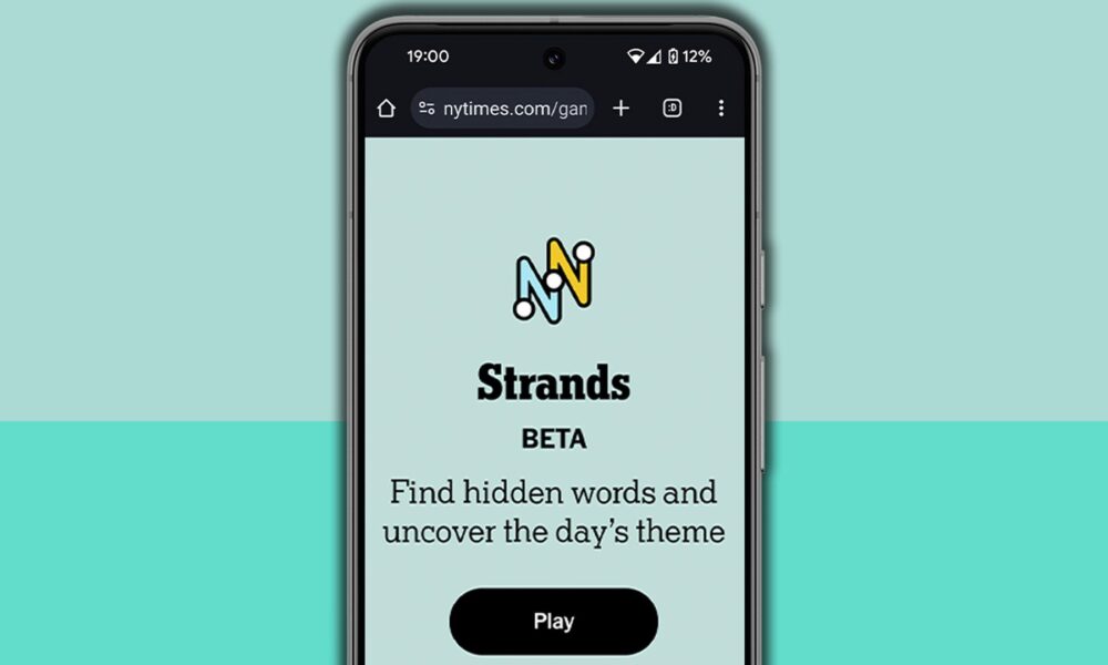 NYT Strands homescreen on a mobile phone screen, on a light blue background