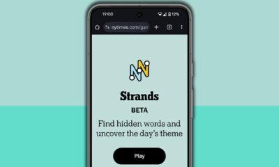 NYT Strands homescreen on a mobile phone screen, on a light blue background