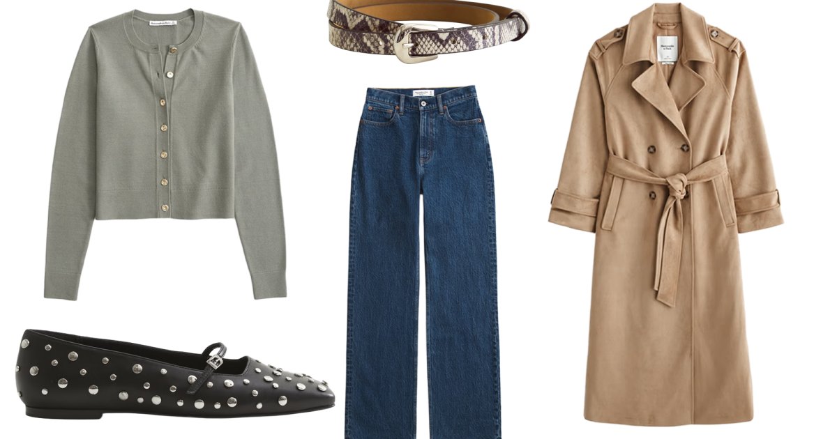 Cardigan, Jeans, Belt, Trench Coat, Ballet Flats from Abercrombie
