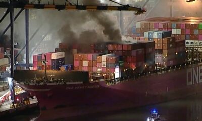 Fire erupts on container ship off Los Angeles