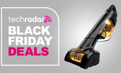 The Shark Ultra Cyclone Pet Pro is pictured next to a badge that reads &quot;Tech Radar Black Friday deals&quot;.