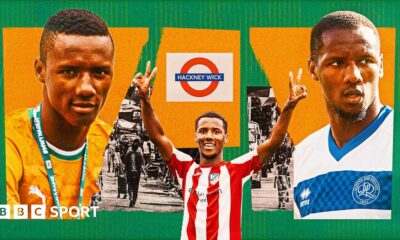 Richard Kone at the Homeless World Cup, in action for Athletic Newham and for QPR, with a Hackney Wick London Underground logo and pictures of the streets of Abidjan in the background