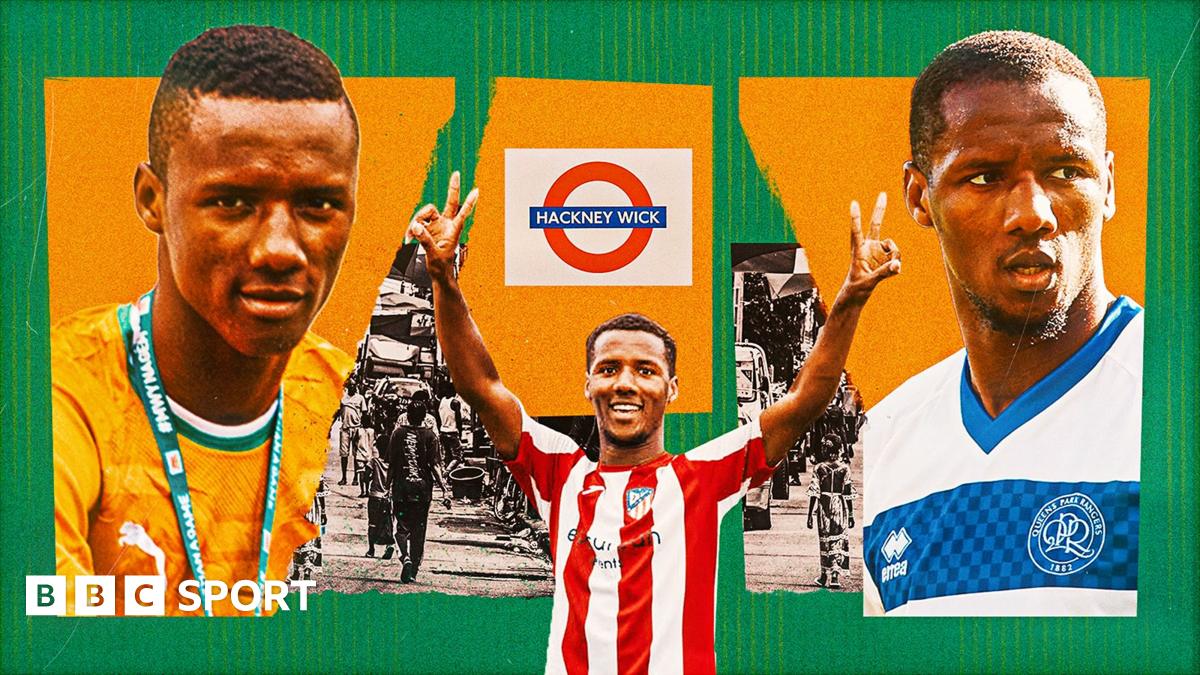 Richard Kone at the Homeless World Cup, in action for Athletic Newham and for QPR, with a Hackney Wick London Underground logo and pictures of the streets of Abidjan in the background