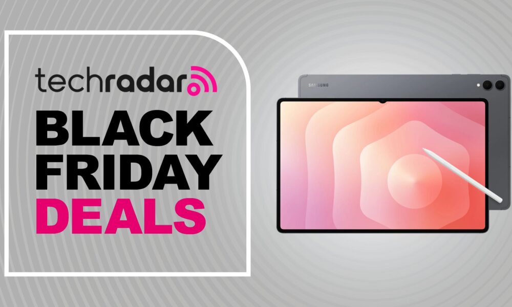 Samsung Galaxy Tab S11 Ultra on a gray background. Text reads: TechRadar Black Friday Deals
