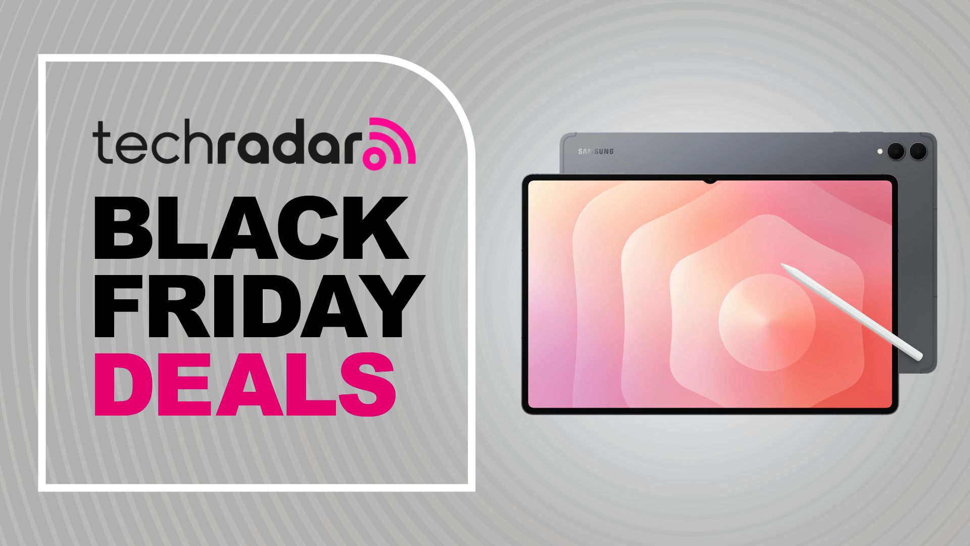 Samsung Galaxy Tab S11 Ultra on a gray background. Text reads: TechRadar Black Friday Deals
