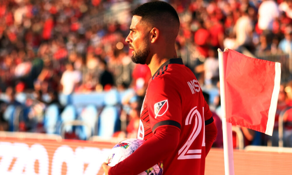 TORONTO, ON - JULY 23: Lorenzo Insigne #24 of Toronto FC prepares for a corner kick during an MLS game against Charlotte FC at BMO Field on July 23, 2022 in Toronto, Ontario, Canada. (Photo by Vaughn Ridley/Getty Images)