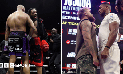 Split image of Jeamie 'TKV' Tshikeva hugging Frazer Clarke and Jake Paul facing off with Anthony Joshua