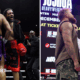 Split image of Jeamie 'TKV' Tshikeva hugging Frazer Clarke and Jake Paul facing off with Anthony Joshua