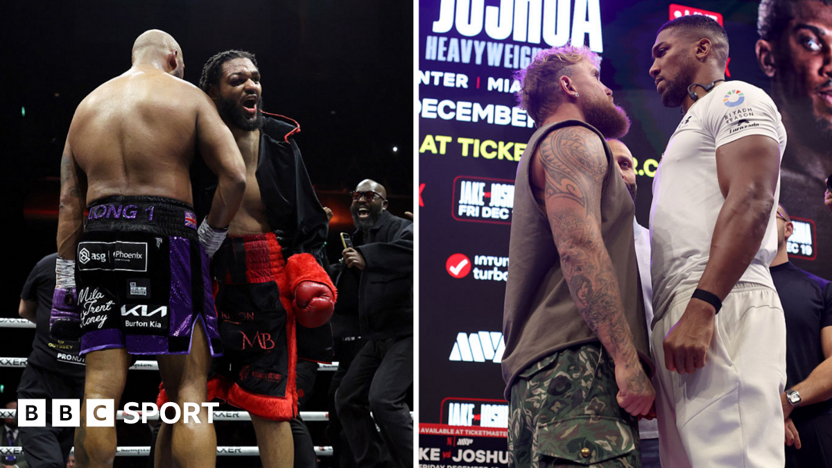 Split image of Jeamie 'TKV' Tshikeva hugging Frazer Clarke and Jake Paul facing off with Anthony Joshua