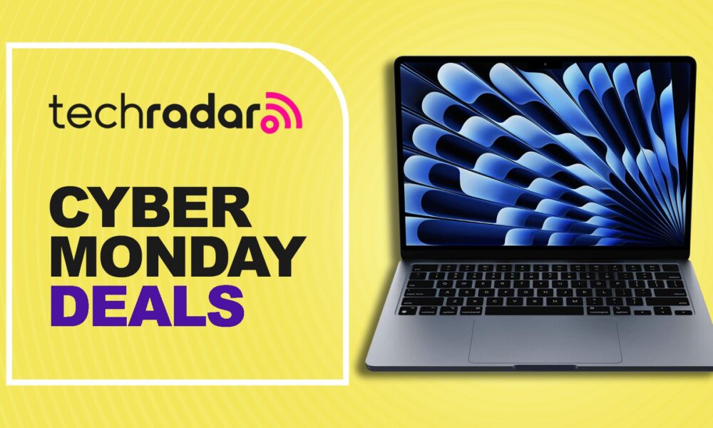 13-inch MacBook Air M4 against a yellow TechRadar deals background