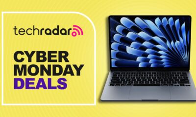 13-inch MacBook Air M4 against a yellow TechRadar deals background