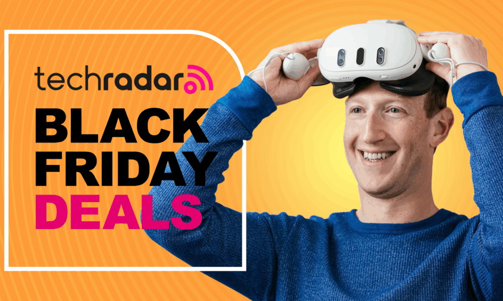 Mark Zuckerberg wearing a Meta Quest 3 and looking happy.