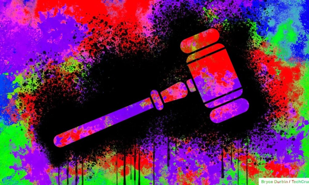 Concept illustration depicting messy litigation with an illustrated gavel on a multicolored background