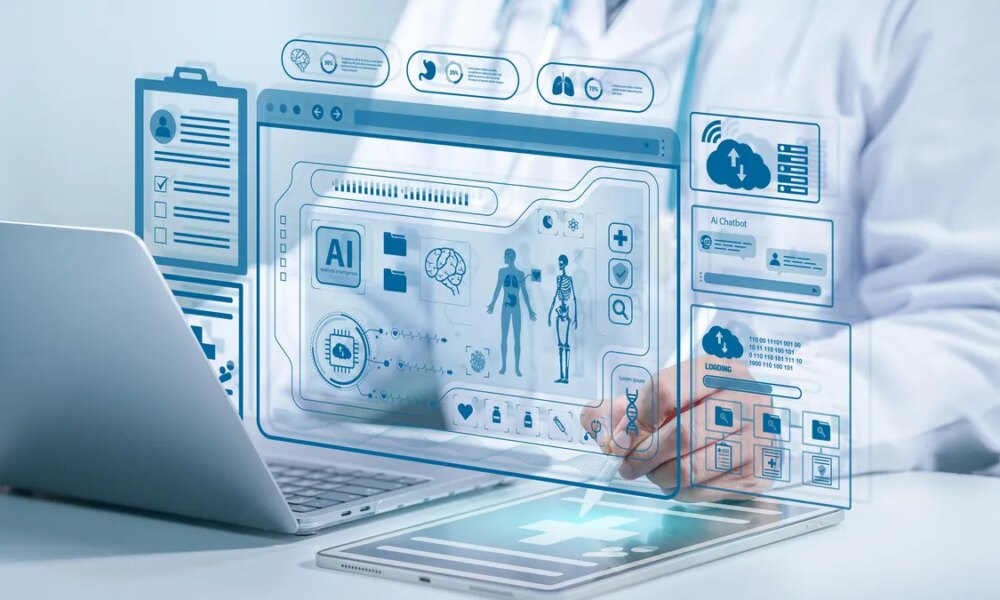 A person in a lab coat working at a computer with AI images displayed.