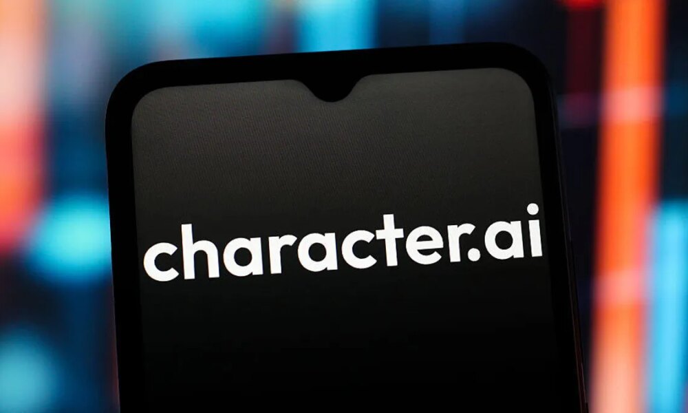 The character.ai logo is seen on a black screen on a phone.