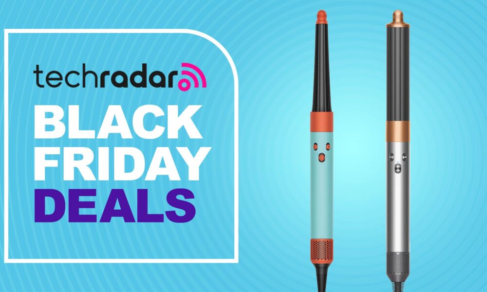 Dyson Airwrap i.d and Airwrap Origin on a blue TechRadar Black Friday deals background