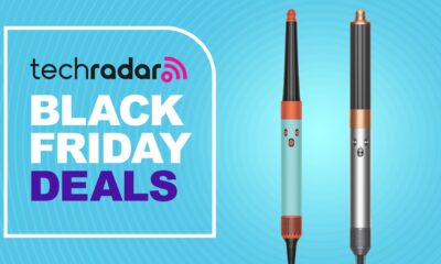 Dyson Airwrap i.d and Airwrap Origin on a blue TechRadar Black Friday deals background