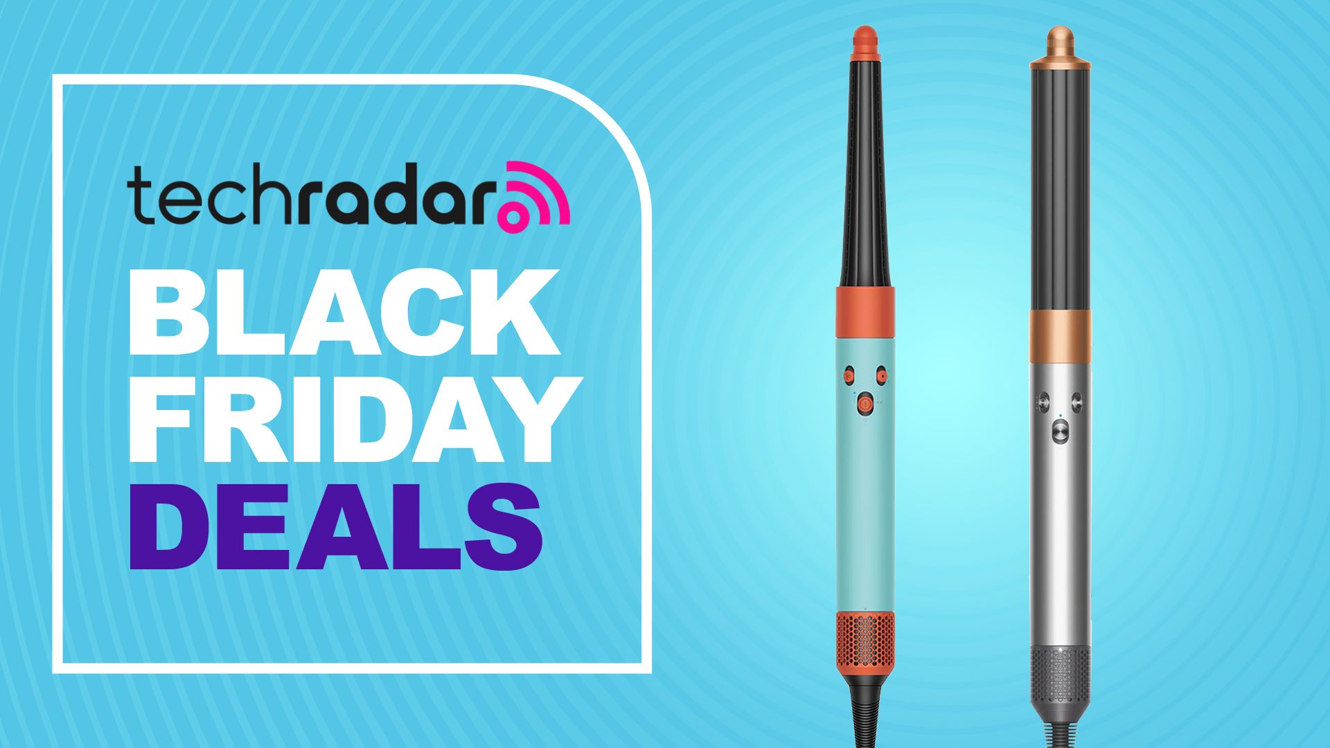 Dyson Airwrap i.d and Airwrap Origin on a blue TechRadar Black Friday deals background