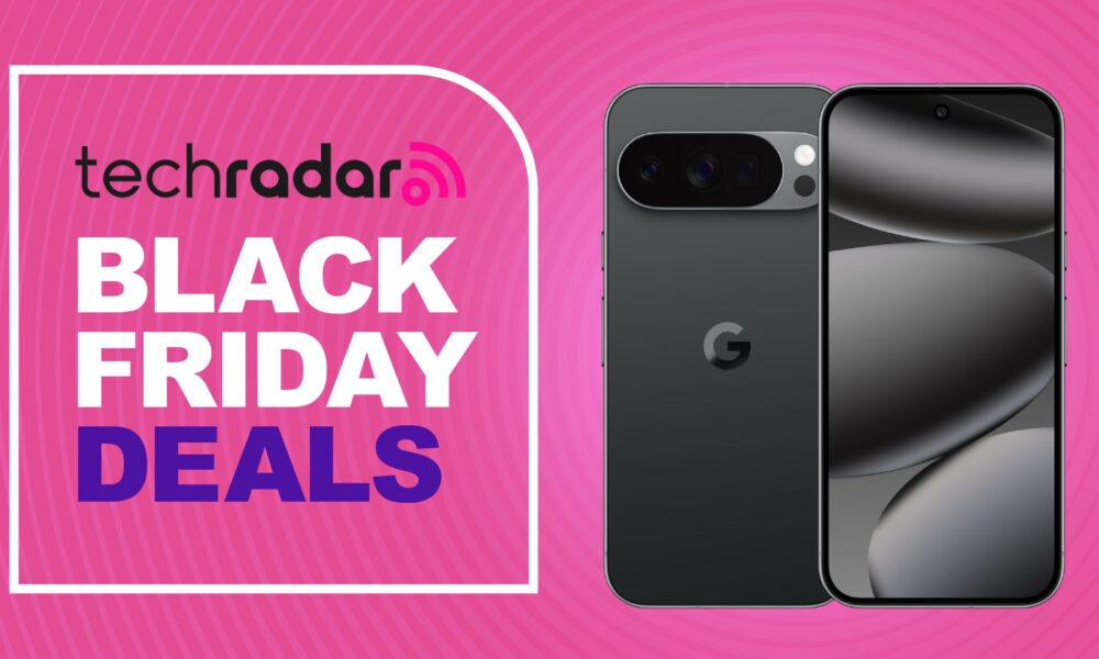 Google Pixel 10 Pro on a pink background. Text reads: TechRadar Black Friday Deals