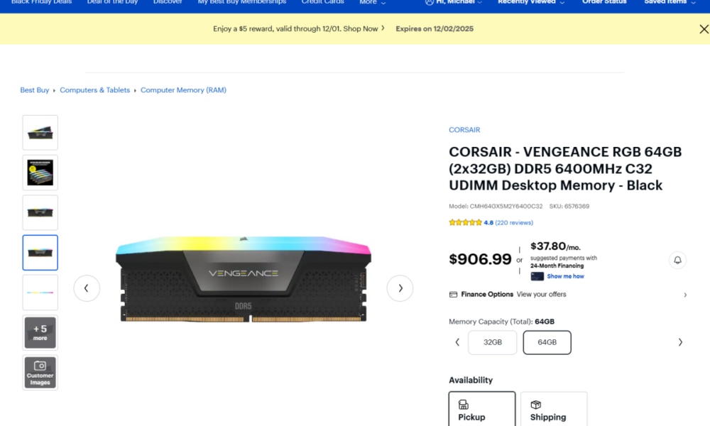 Best Buy corsair 64GB RAM DIMM page