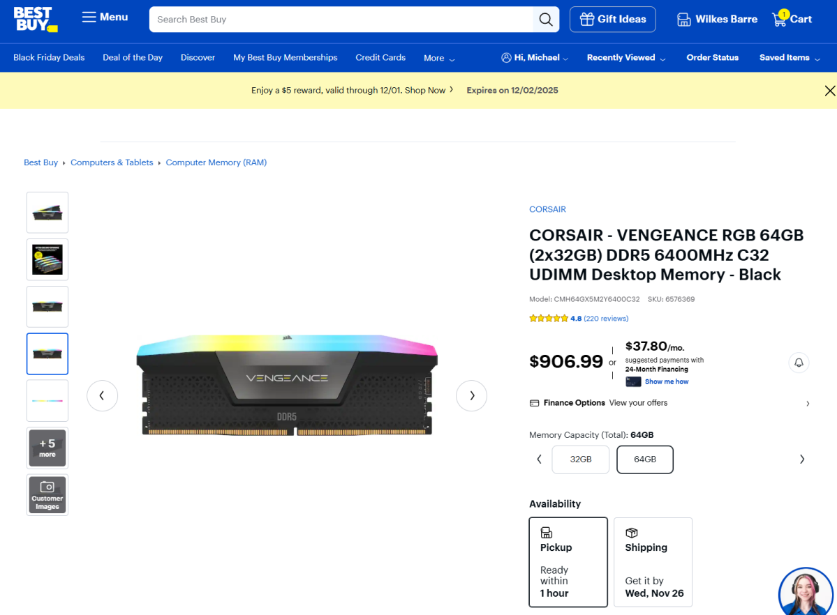 Best Buy corsair 64GB RAM DIMM page