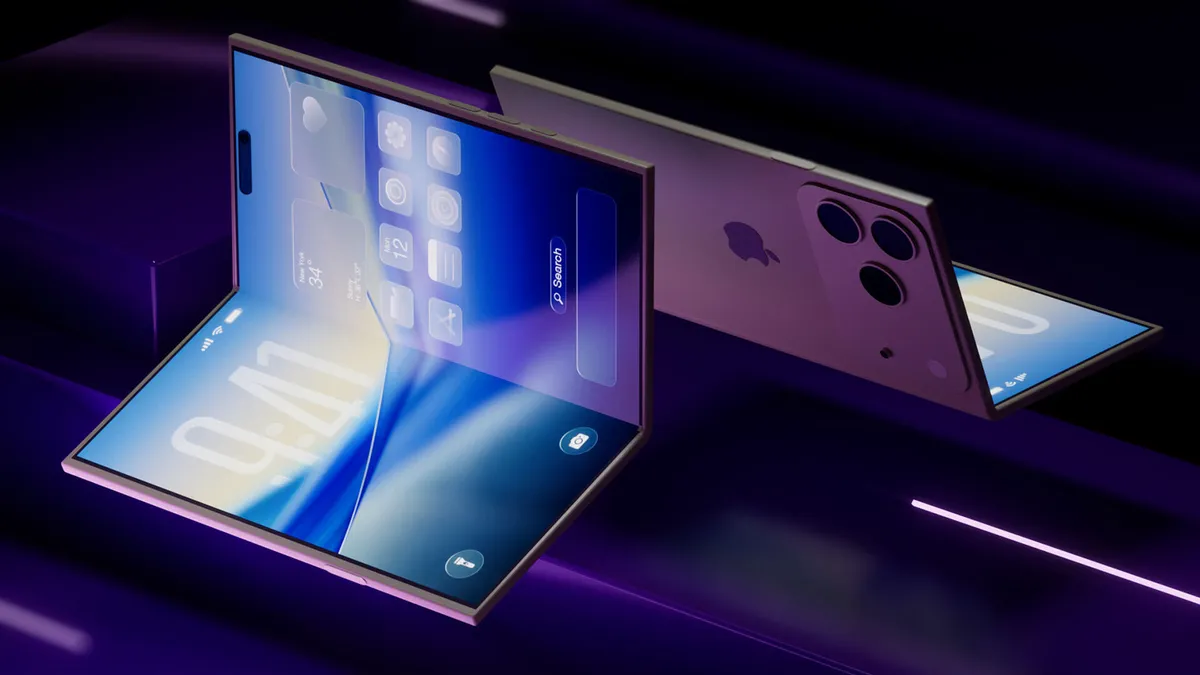 Renderings of what a thin book-style foldable iPhone could look like, with three rear cameras and spacious displays.