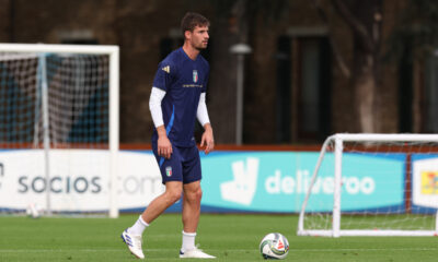 FLORENCE, ITALY - OCTOBER 08: Matteo Gabbia of Italy in action during a Italy training session at Centro Tecnico Federale di Coverciano on October 08, 2024 in Florence, Italy. (Photo by Claudio Villa/Getty Images)