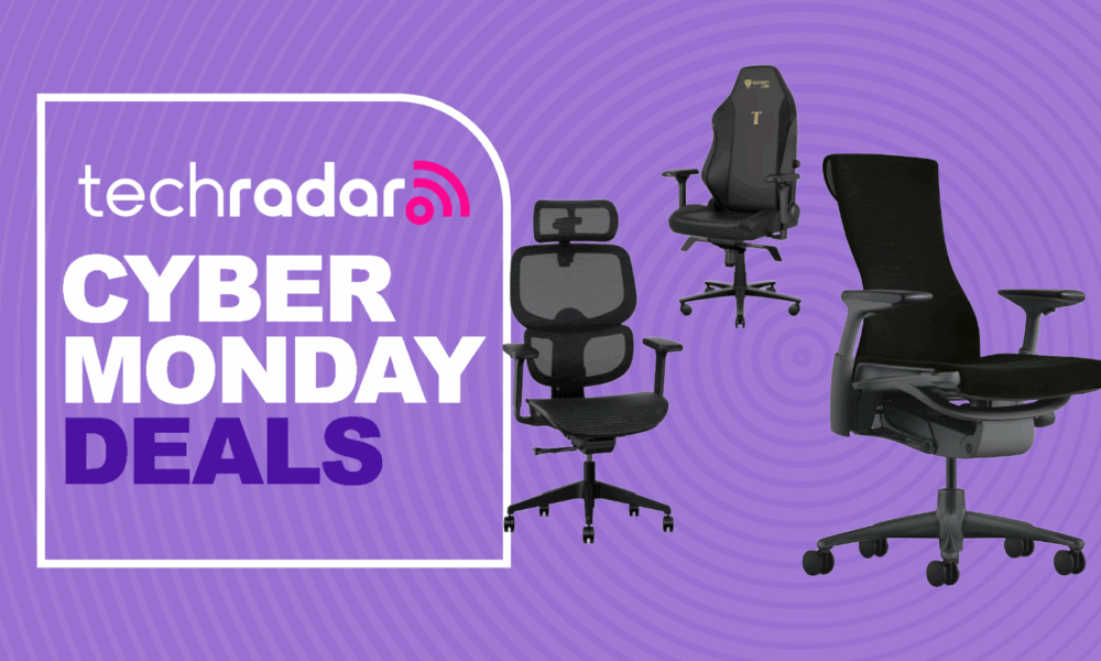 A FlexiSpot C7, Herman Miller Embody, and Secretlab Titan Evo office chair on a purple background next to a TechRadar badge reading &#039;Cyber Monday deals&#039;